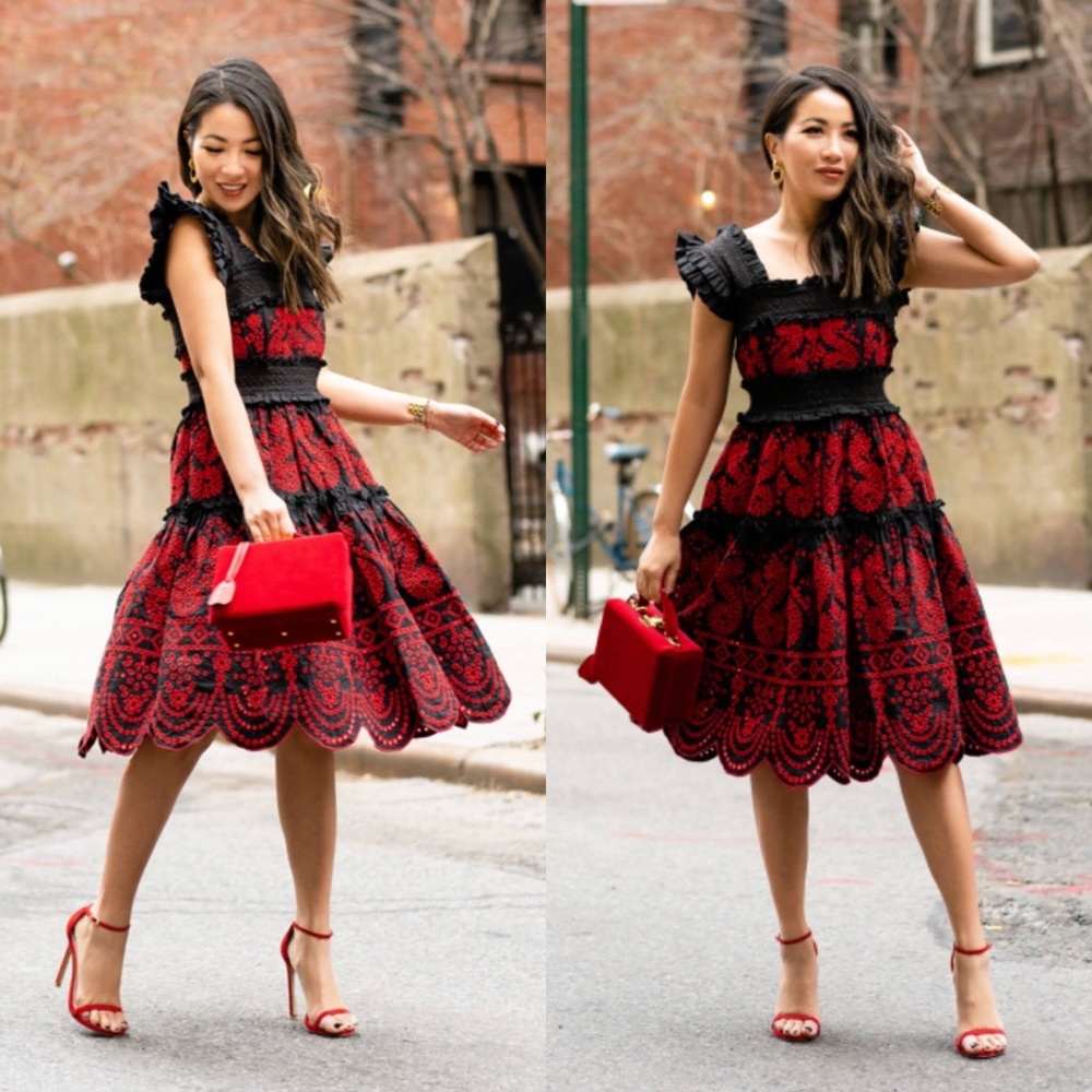 Marissa Webb Lady in Red Ruffle Tiered Embroidered Midi Dress NWT Medium